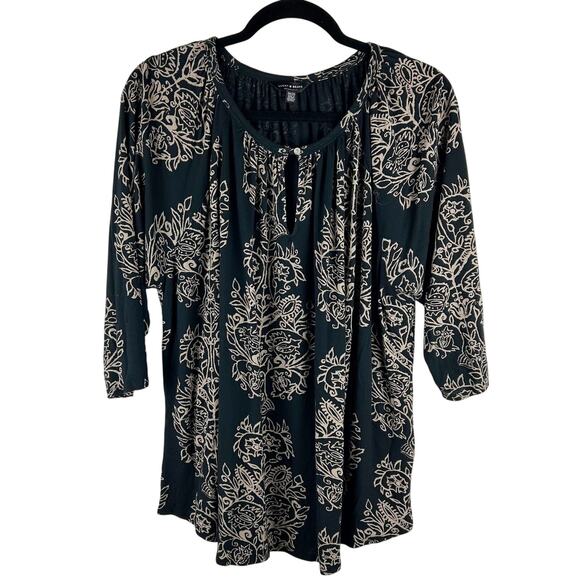 Lucky Brand Plus Size Boho Print Top Black with Tan Design Quarter Sleeves‎ 3X - Picture 1 of 7
